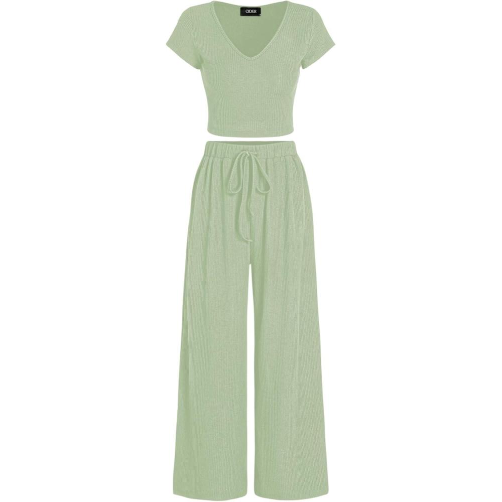 imageCIDER Vneck Short Sleeve Crop Tee ampamp Knotted Wide Leg Pants SetGreen