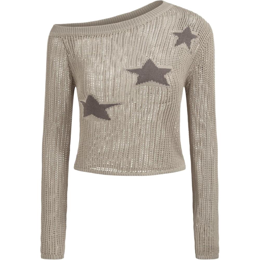 imageCIDER Women Knit Sweater Star Asymmetrical Neck Long Sleeve Tops Y2k Pullover JumperKhaki