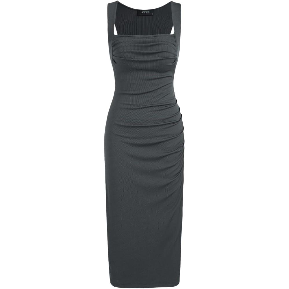 imageCIDER Women Midi Dress Bodycon Square Neck Sleeveless Ruched Sexy Cocktail Party Going Out DressesGrey
