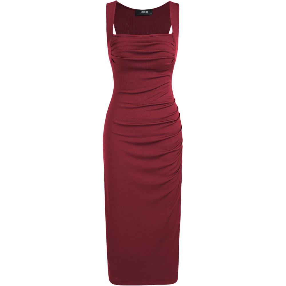 imageCIDER Women Midi Dress Bodycon Square Neck Sleeveless Ruched Sexy Cocktail Party Going Out DressesRed