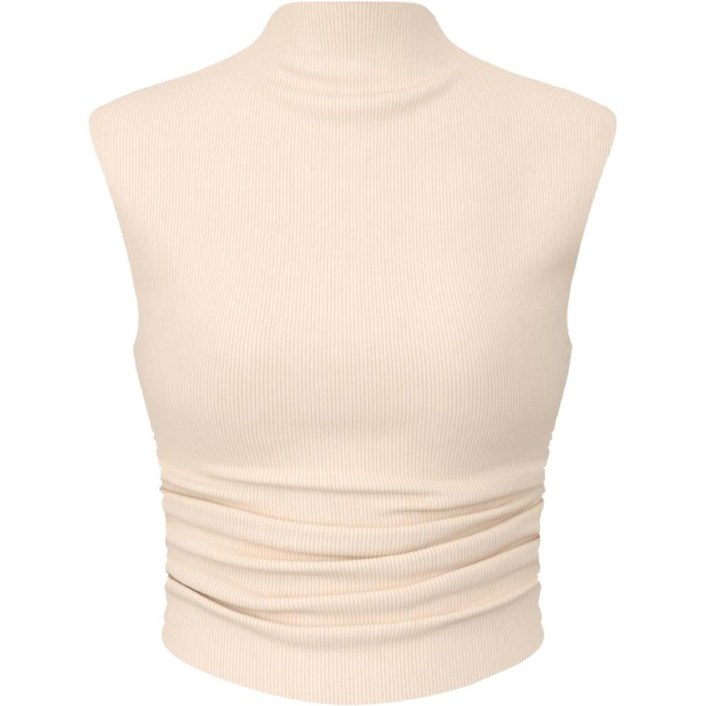 imageCIDER Women Solid High Neck Sleeveless Ruched Basic Cropped Tank Top Going Out Tops Trendy 2025 Summer OutfitsBeige