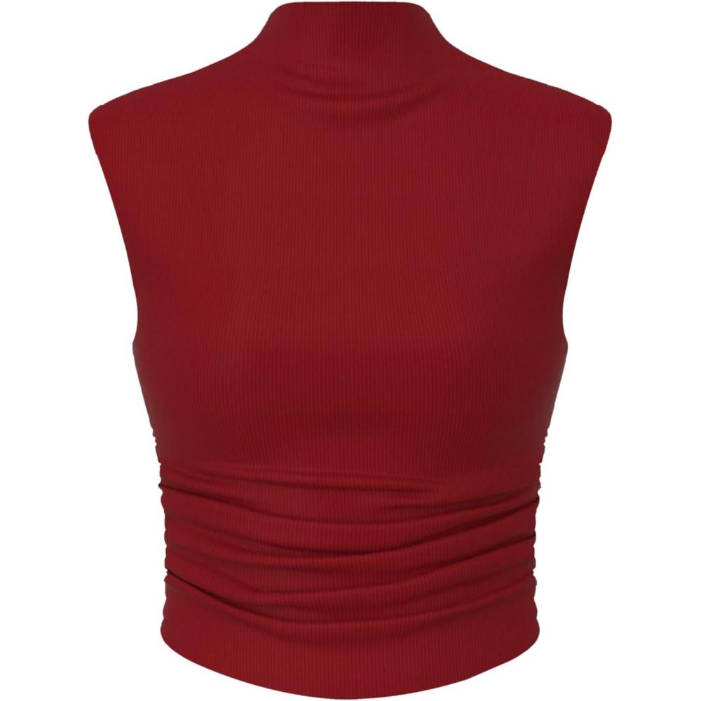 imageCIDER Women Solid High Neck Sleeveless Ruched Basic Cropped Tank Top Going Out Tops Trendy 2025 Summer OutfitsRed