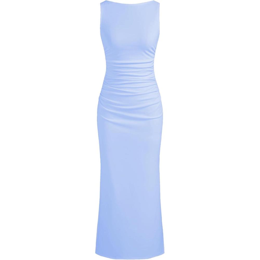 imageCIDER Women Summer Sleeveless Maxi Dresses Ruched Bodycon Long Wedding Guest Dress Cocktail Evening GownSky Blue