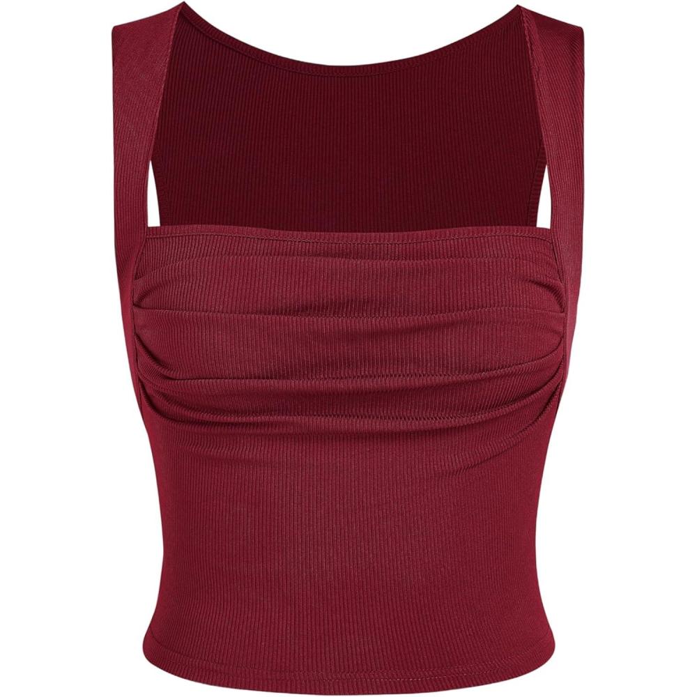 imageCIDER Women Tank Tops Ruched Square Neck Sleeveless Going Out Cute Crop Top TrendyRed