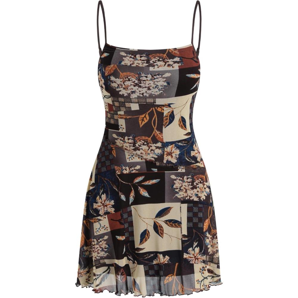 imageCIDER Women Western Mini Dress Floral Spaghetti Strap Cami Short Vintage Short Sundress Summer Boho DressesBrown