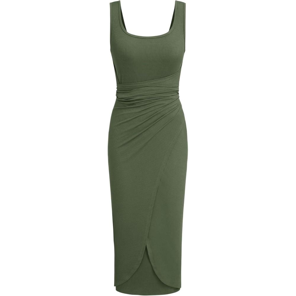 imageCIDER Womens Bodycon Dress Square Neck Twist Knotted Ruched Sleeveless Maxi Tank Elegant Long Summer Dresses 2025Green