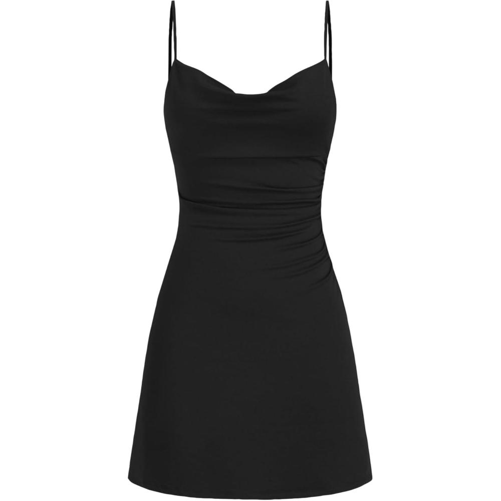 imageCIDER Womens Cowl Neck Ruched Lace Back Sleeveless Dresses Spaghetti Strap A Line Semi Formal Party Club DressBlack