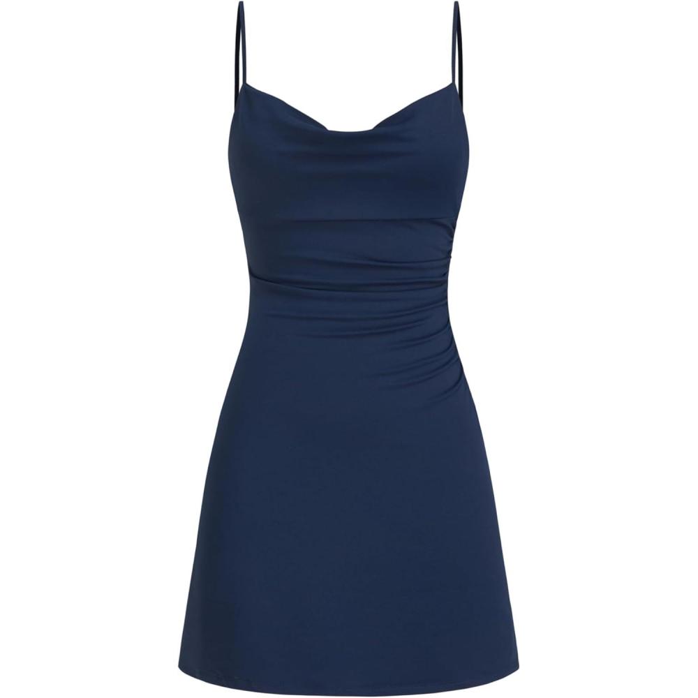 imageCIDER Womens Cowl Neck Ruched Lace Back Sleeveless Dresses Spaghetti Strap A Line Semi Formal Party Club DressDark Navy