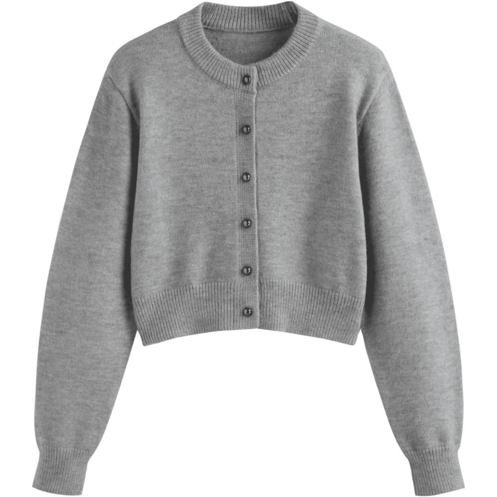 imageCIDER Womens Cropped Cardigan Button Down Long Sleeve Crew Neck Lightweight Knit Sweater TopGrey