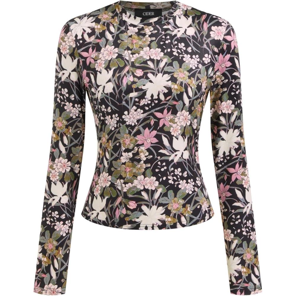 imageCIDER Womens Floral Knitted Long Sleeve Mock Neck Going Out Slim Fit Tops Fall Outfits Trendy ClothesBlack  Pink