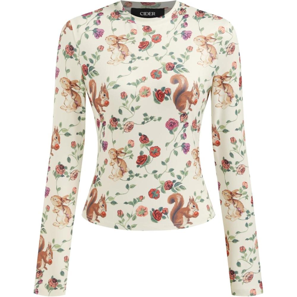 imageCIDER Womens Floral Knitted Long Sleeve Mock Neck Going Out Slim Fit Tops Fall Outfits Trendy ClothesIvory
