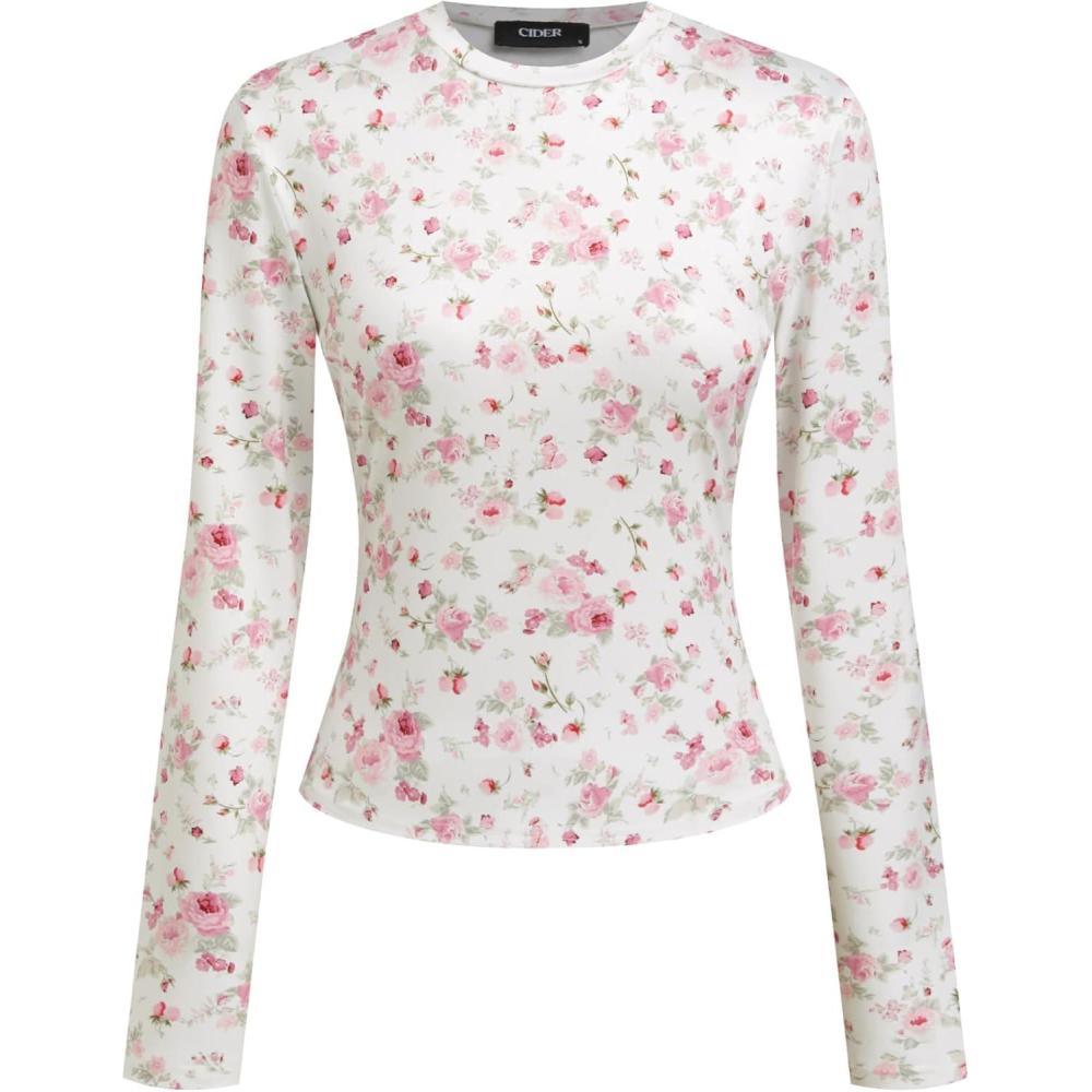 imageCIDER Womens Floral Knitted Long Sleeve Mock Neck Going Out Slim Fit Tops Fall Outfits Trendy ClothesPink