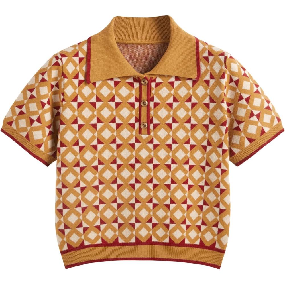 imageCIDER Womens Geometric Short Sleeve Tops Polo Shirt with Collar Fashion TopOrange