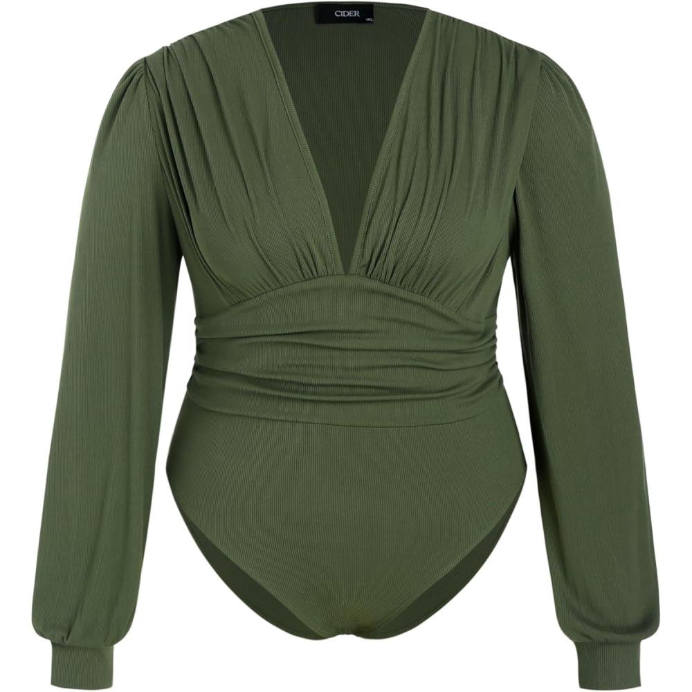 imageCIDER Womens Jersey Vneck Solid Ruched Bodysuit Plus SizeGreen