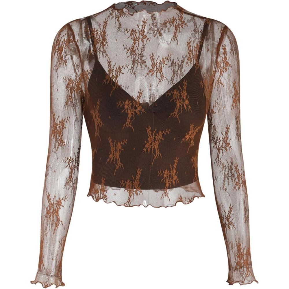 imageCIDER Womens Mesh Lace Floral Long Sleeve See Through Mock Neck Tops Blouse ampamp Solid Crop Cami TopBrown