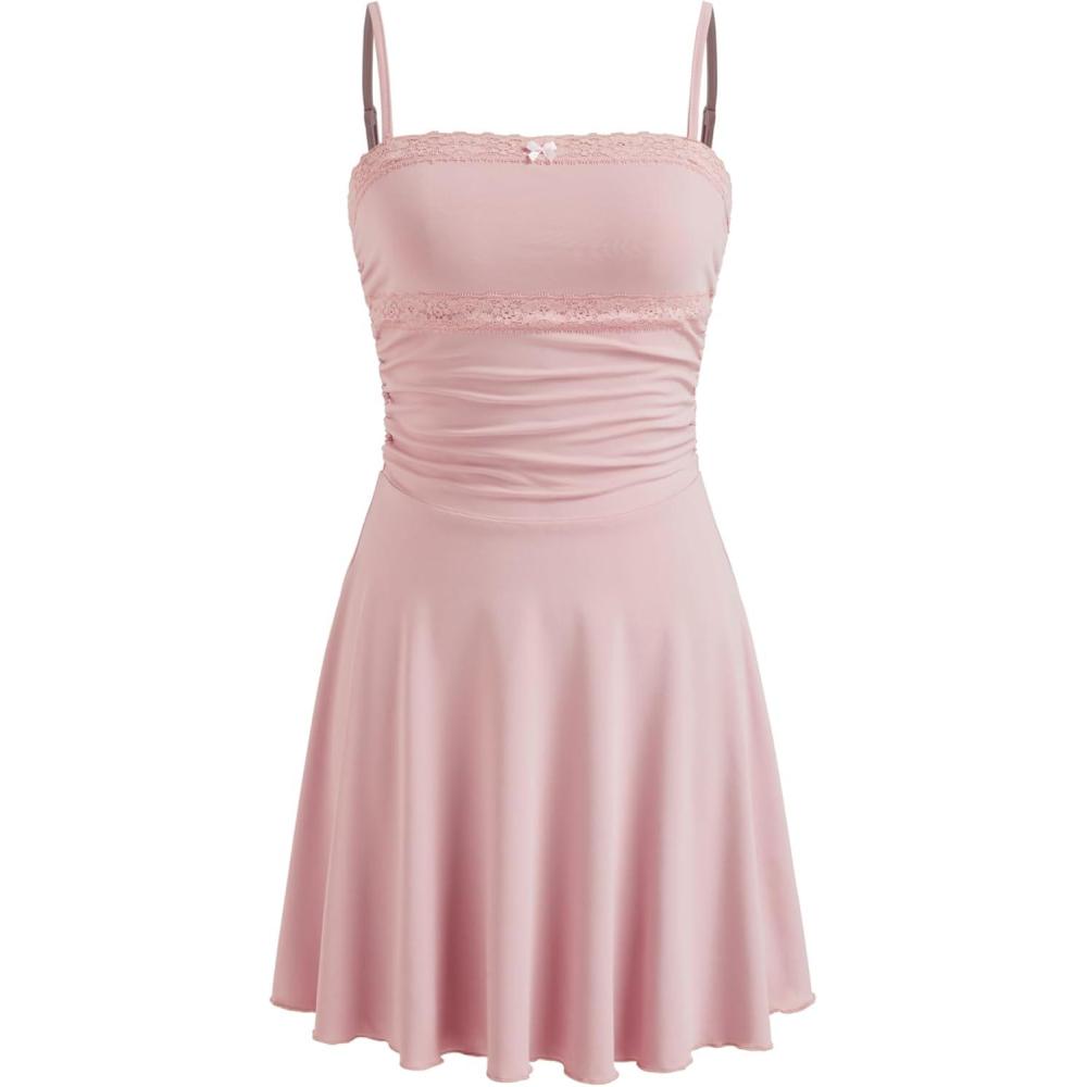 imageCIDER Womens Mini Dress Cute Spaghetti Strap Lace Trim Ruched A Line Flowy Mini DressesPink