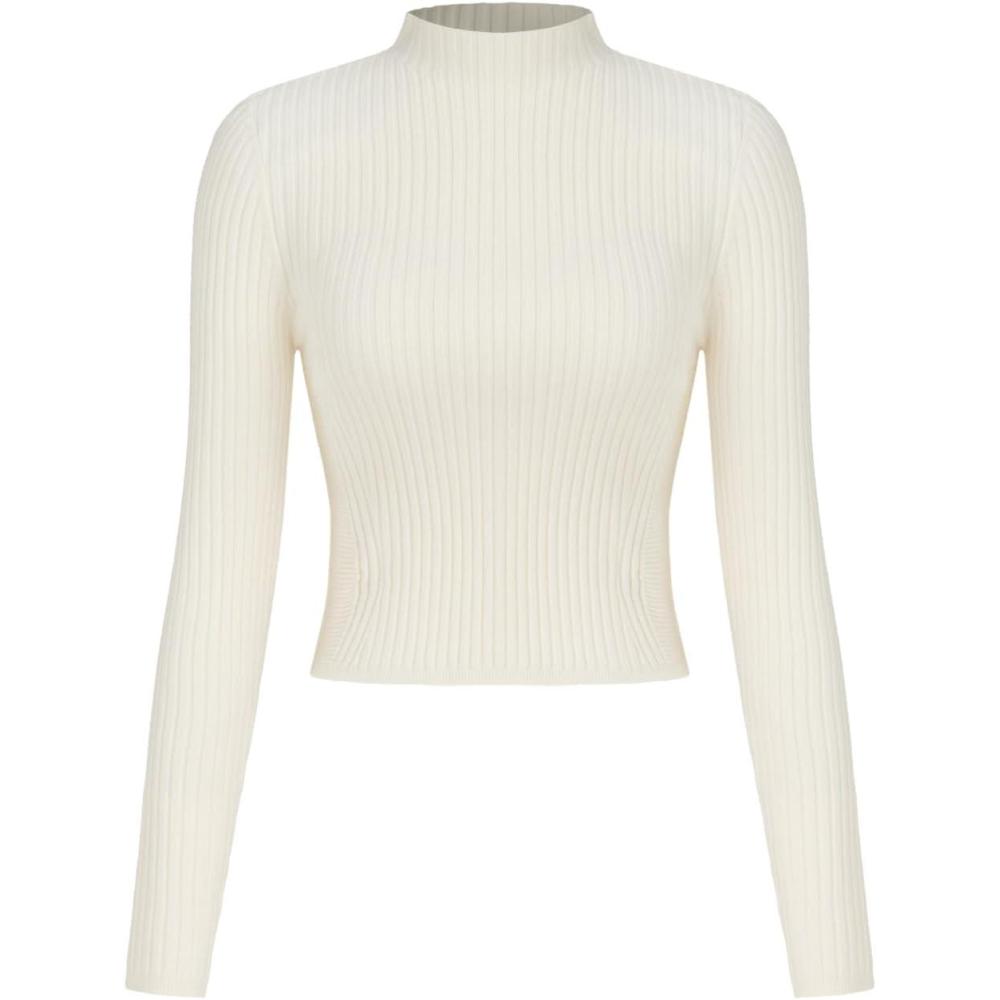 imageCIDER Womens Mock Neck Crop Tops Long Sleeve Fitted Basic Tee ShirtsBeige