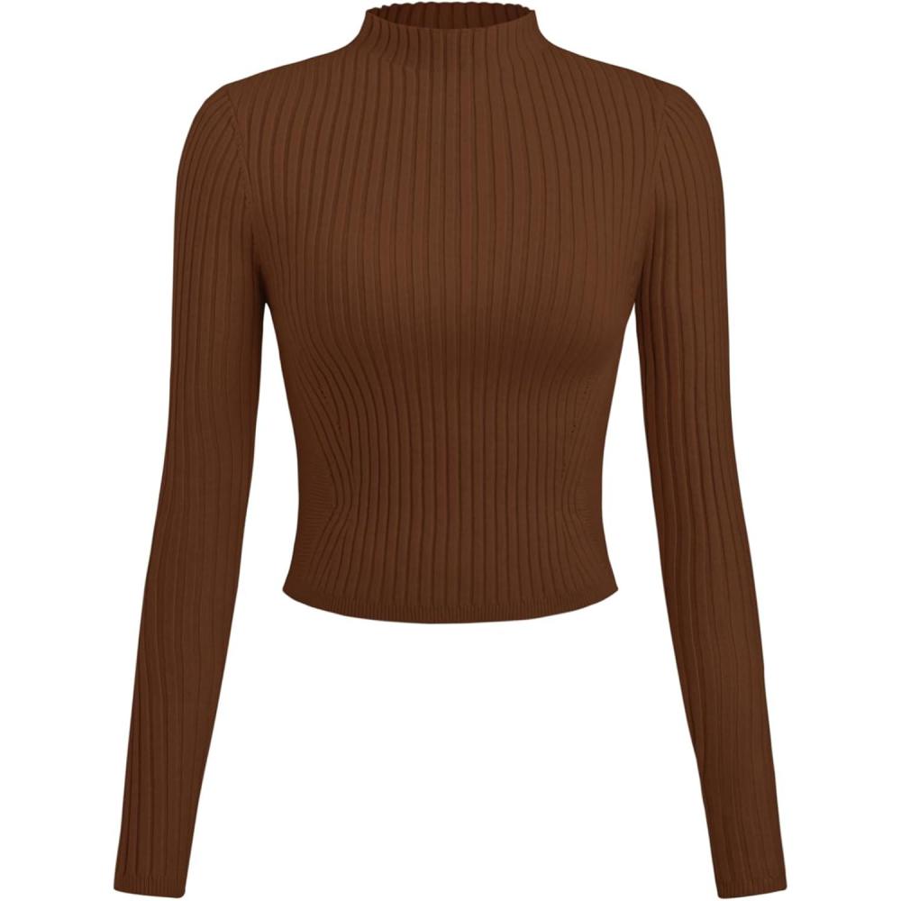 imageCIDER Womens Mock Neck Crop Tops Long Sleeve Fitted Basic Tee ShirtsBrown