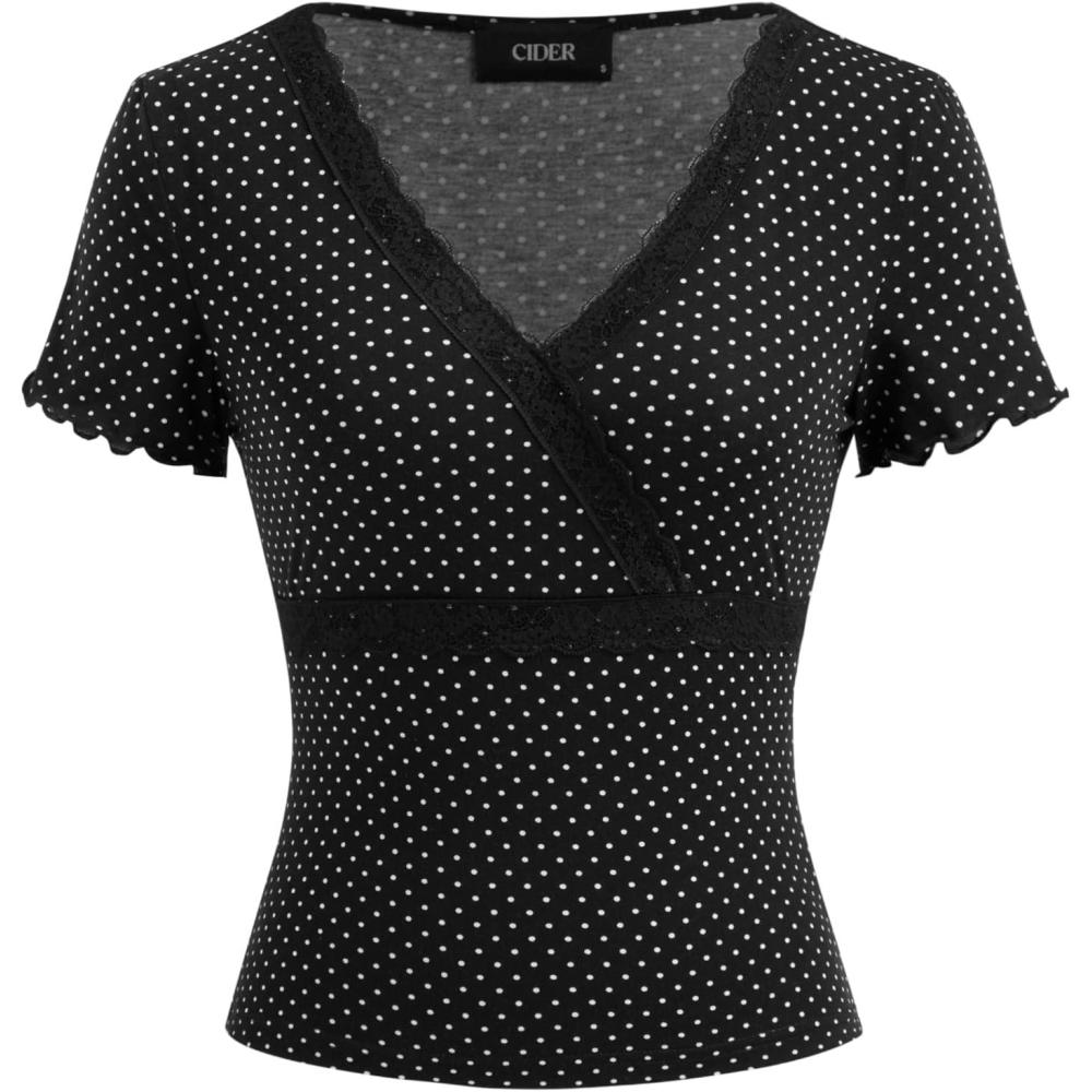imageCIDER Womens Polka Dot Lace Trim Tops V Neck Short Sleeve Blouse for SummerBlack