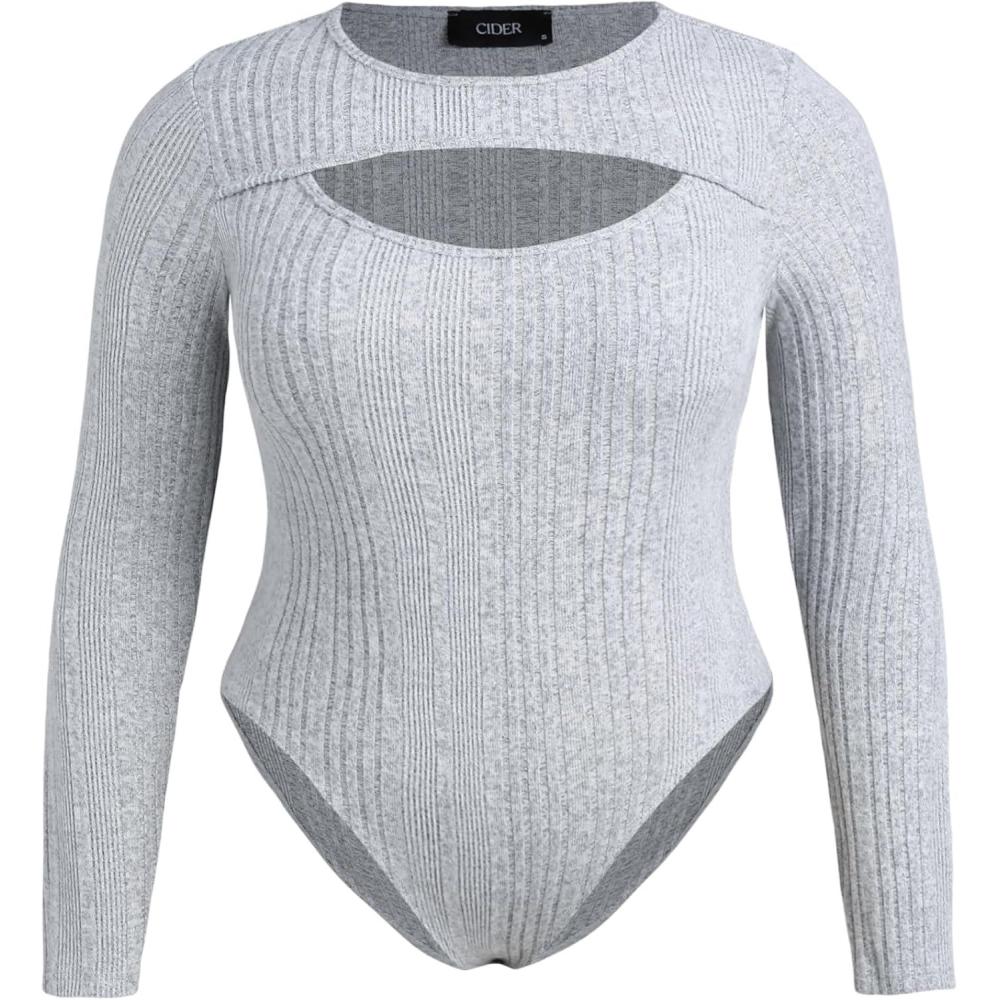imageCIDER Womens Rib Cut Out Bodycon Bodysuit Plus SizeGrey