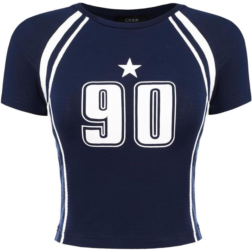 imageCIDER Womens Round Neck Graphic Short Sleeve Crop TeeBlue