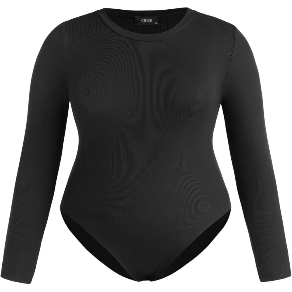 imageCIDER Womens Round Neckline Long Sleeve Bodysuit Plus SizeBlack