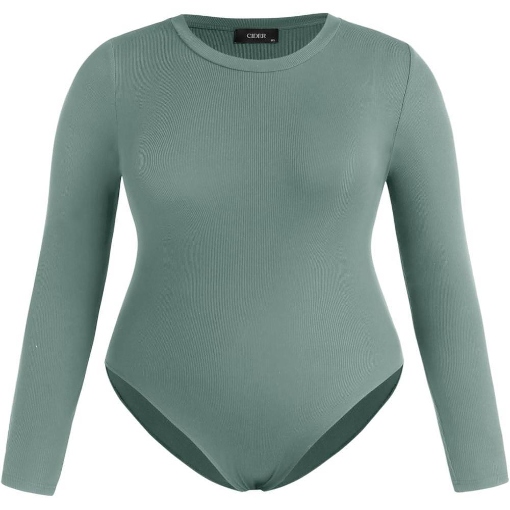 imageCIDER Womens Round Neckline Long Sleeve Bodysuit Plus SizeGreen