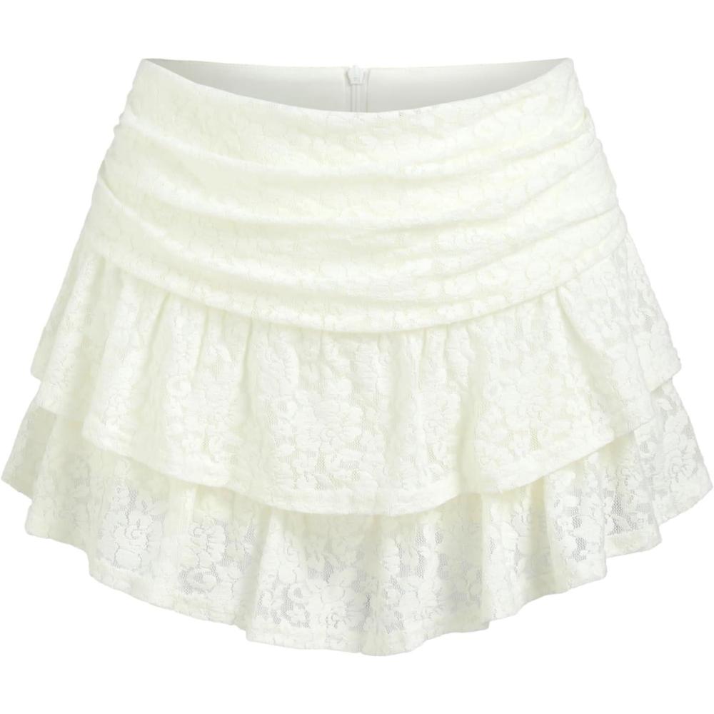 imageCIDER Womens Ruched Floral Lace Knit Layered Mini SkortWhite