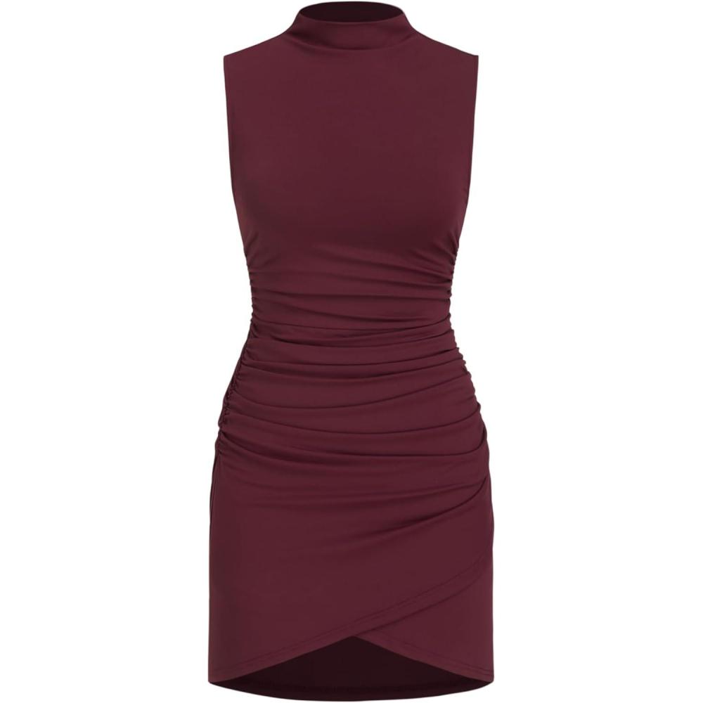 imageCIDER Womens Summer Mini Dress Cocktail Dress Mock Neck Sleeveless Ruched Short Dresses Trendy 2025Wine