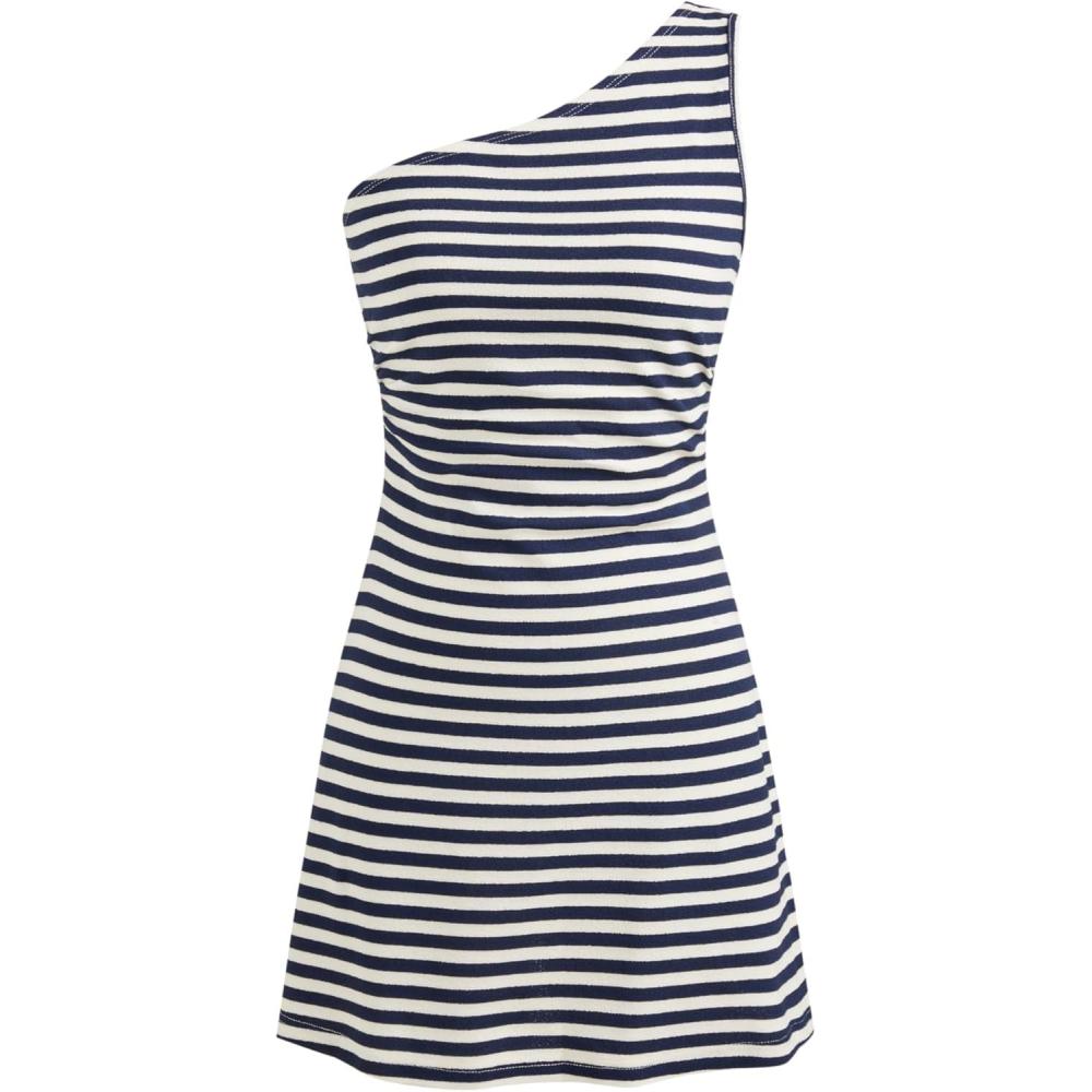 imageCIDER Womens Summer Striped Mini Dress Sleeveless Bodycon Dresses Asymmetrical Neck Casual Party Club Dress 2025Blue