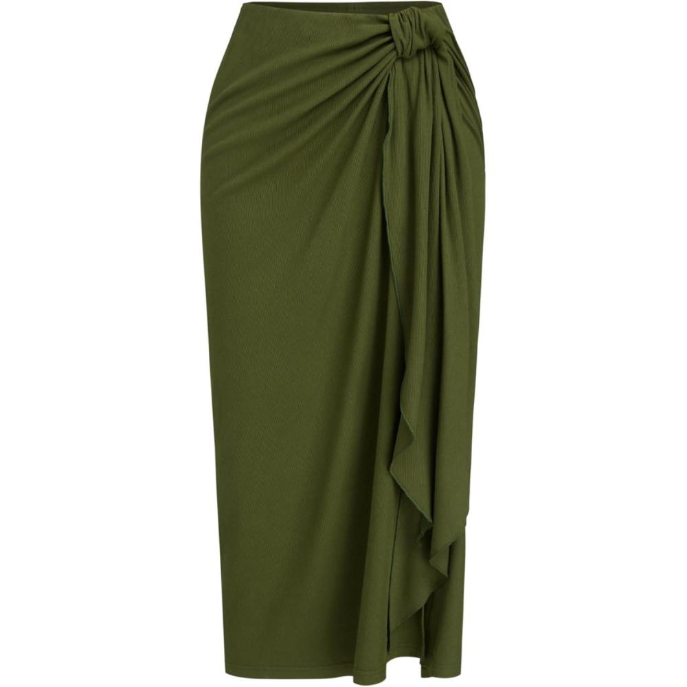 imageCIDER Womens Tie Front Midi Going Out Skirt Ribbed Casual Trendy Skirts GreenGreen