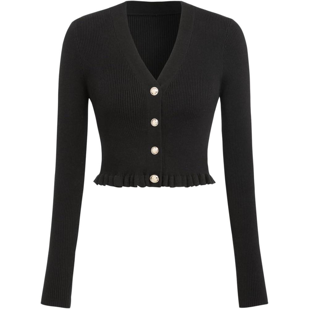 imageCIDER Womens VNeck Solid Button Knitted Crop TopBlack