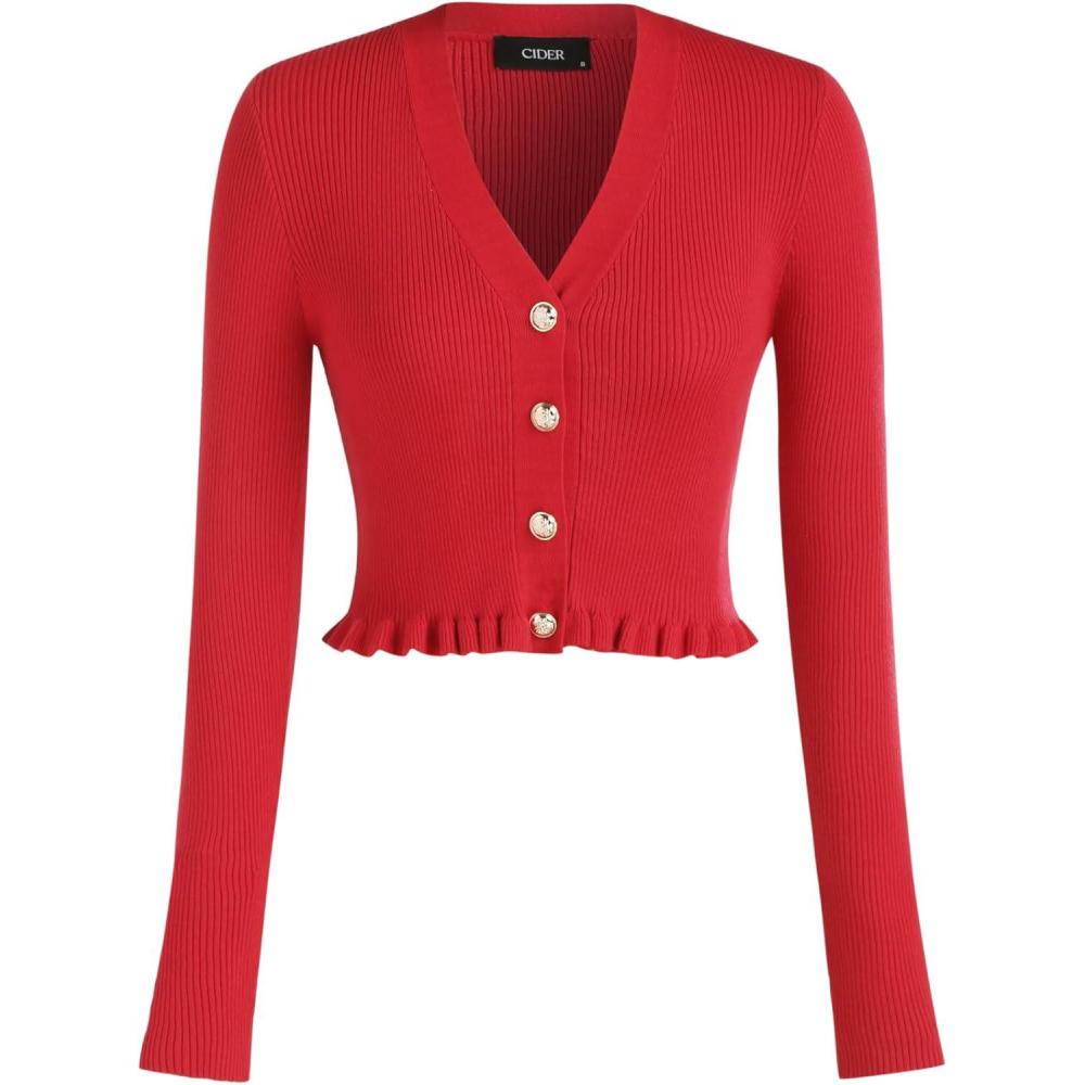 imageCIDER Womens VNeck Solid Button Knitted Crop TopRed