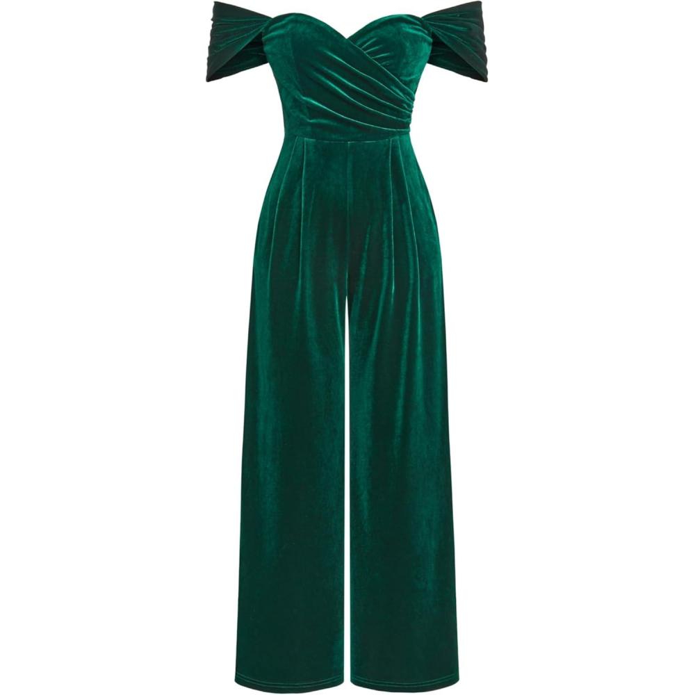 imageCIDER Womens Velvet Offshoulder Solid Ruched JumpsuitDark Green