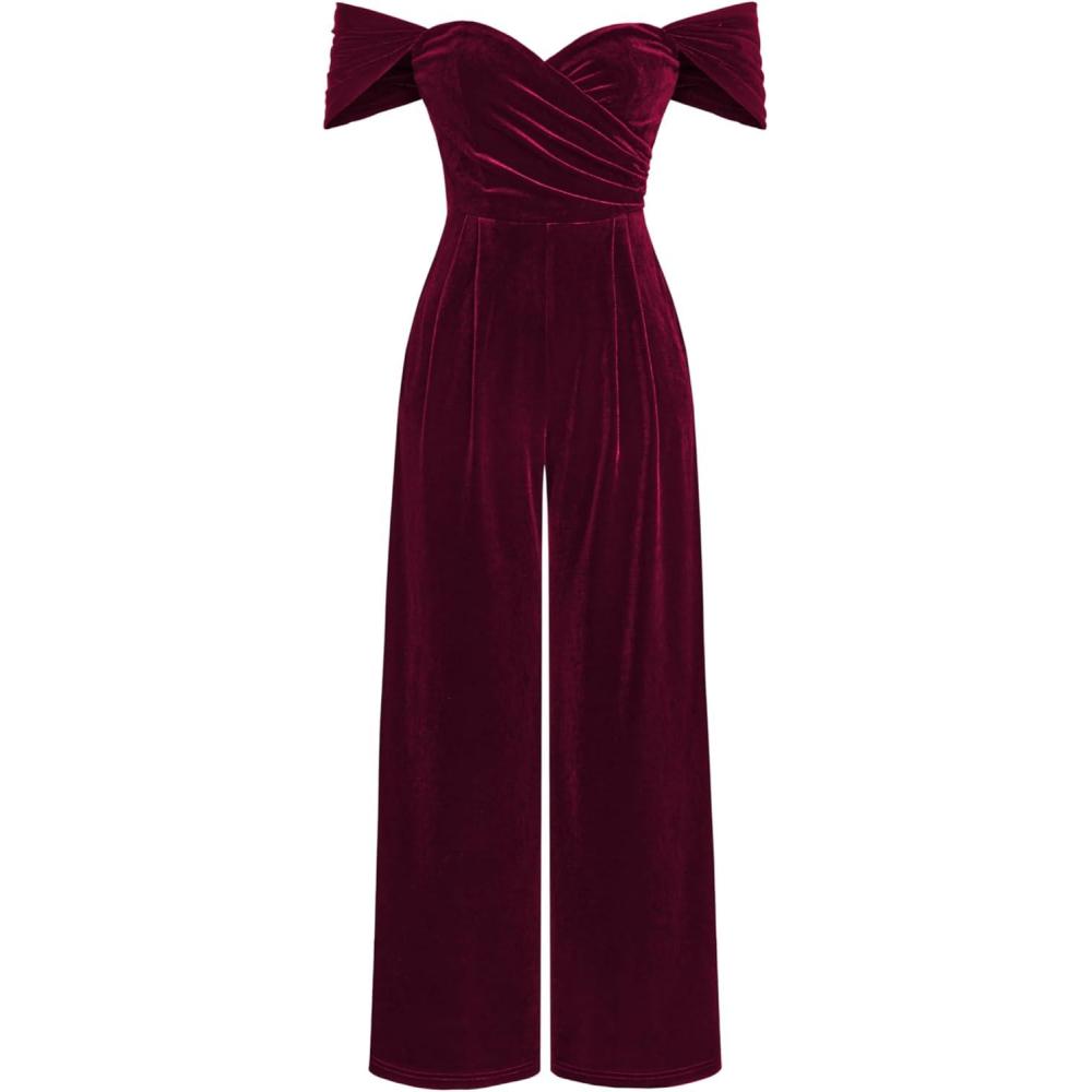 imageCIDER Womens Velvet Offshoulder Solid Ruched JumpsuitWine