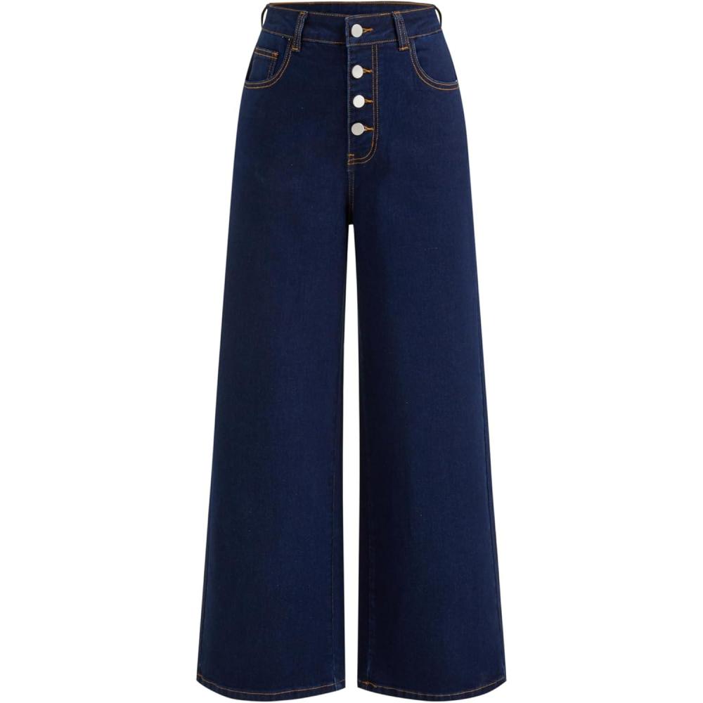 imageCIDER Womens Wide Straight Leg Jeans Button Down High Waisted Stretchy Denim Pants BottomDark Denim