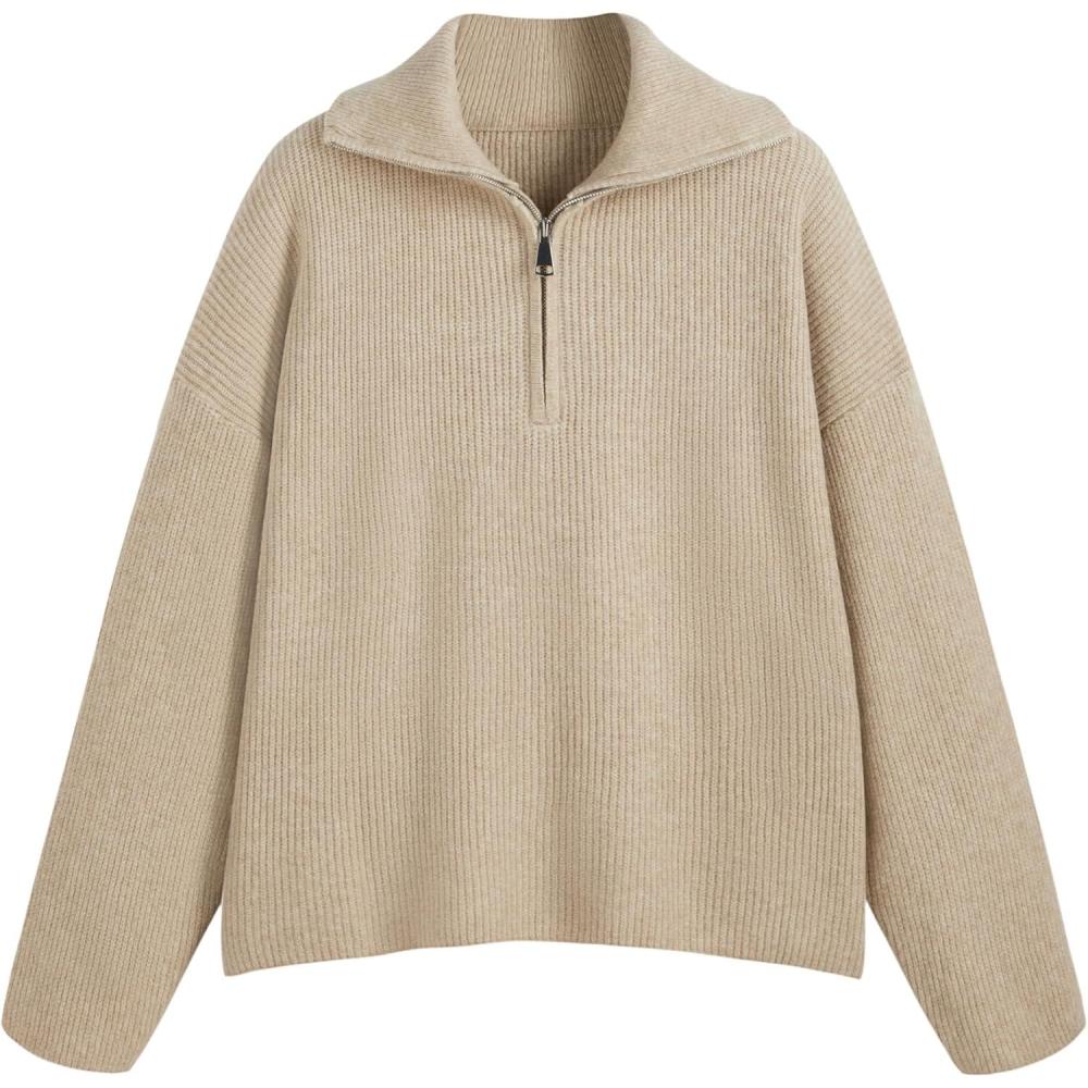 imageCIDER WoolBlend Collar Solid Zipper Knitted Sweater Curve ampamp PlusKhaki