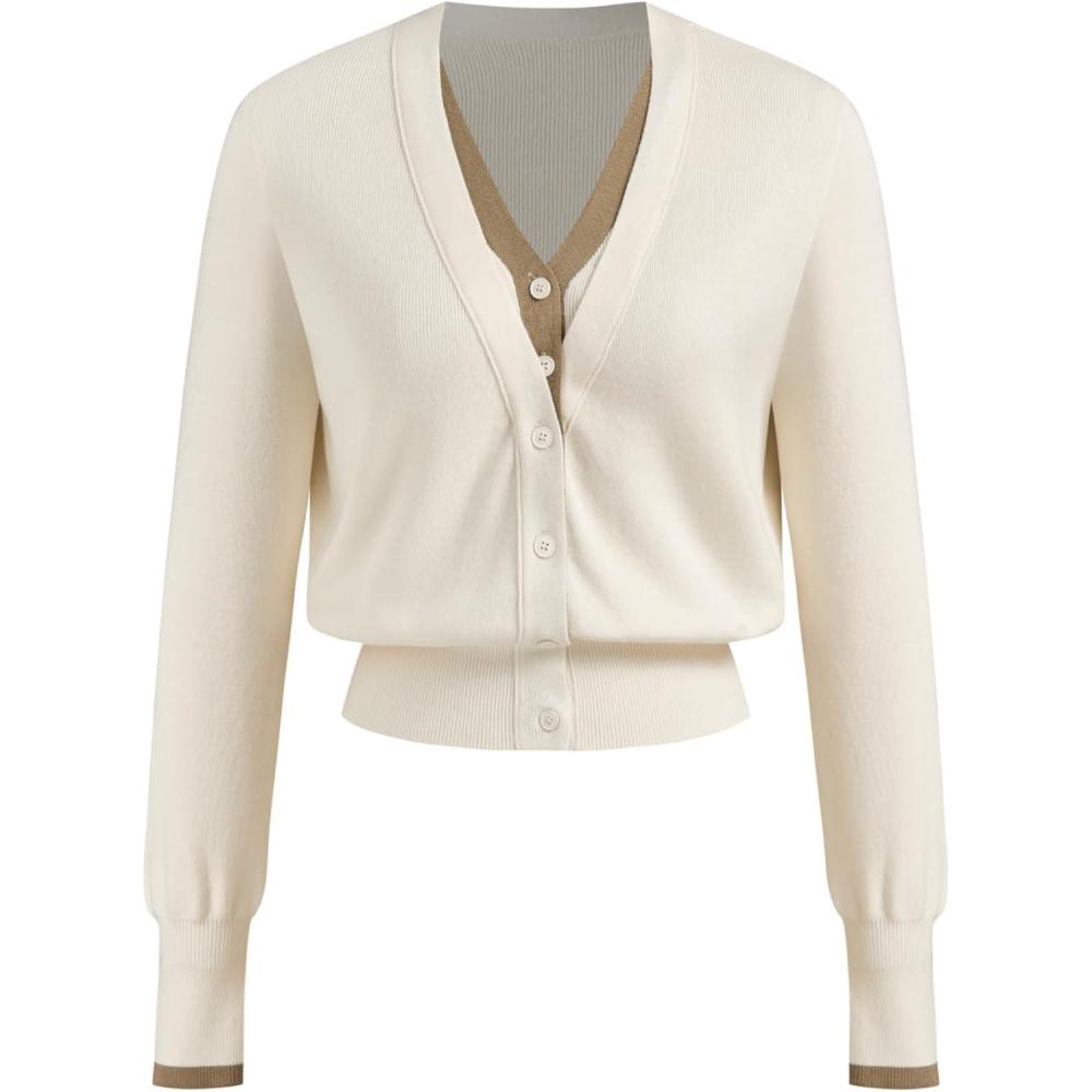 imageCIDER WoolBlend Knit VNeck Two Tone Solid Button Oversized CardiganBeige