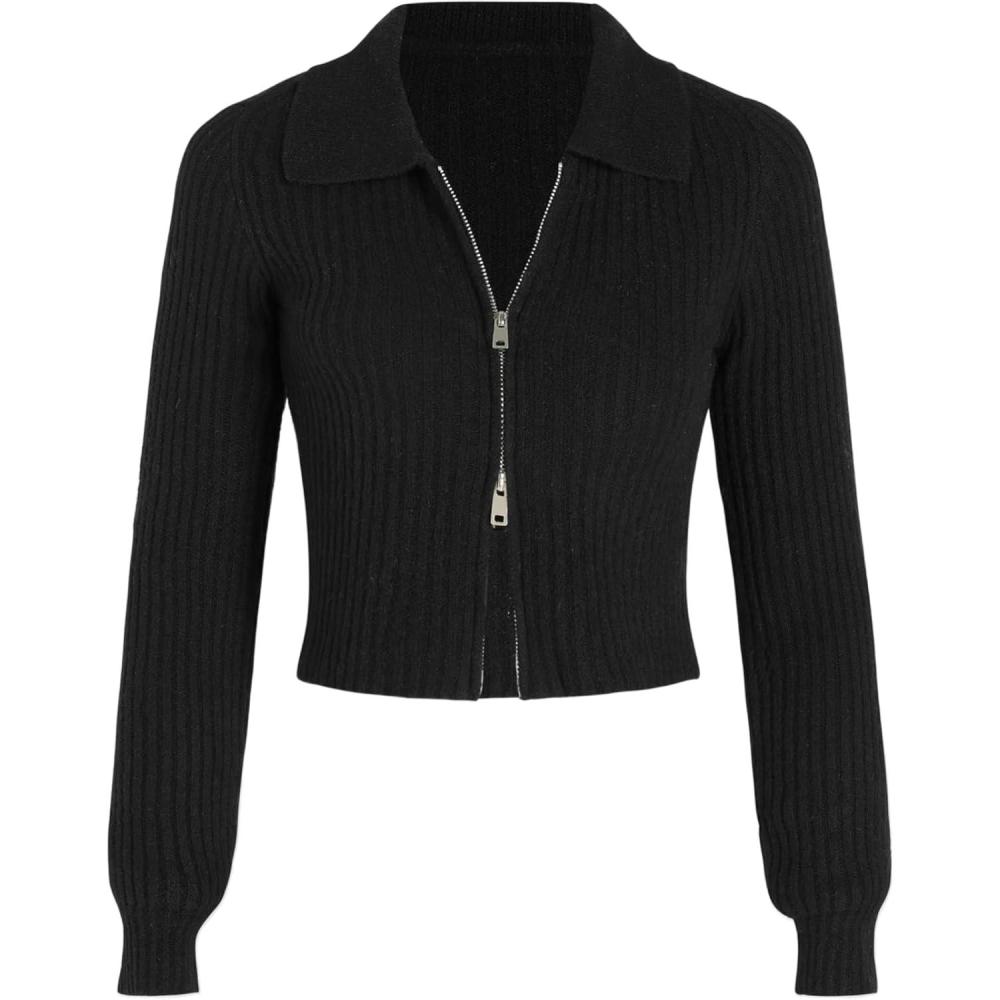 imageCIDER WoolBlend Knit Zipper Long Sleeve Collared TopBlack