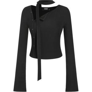 CIDER Asymmetrical Neck Long Sleeve Crop Tops for Women Crew Neck Dressy Top with Scarf(Black)