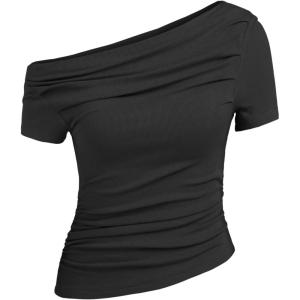 CIDER Asymmetrical Neck Ruched Short Sleeve Top(Black)