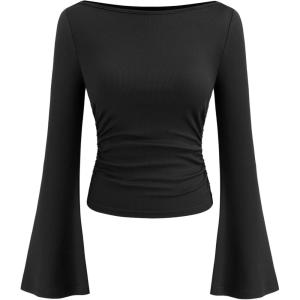 CIDER Boat Neck Solid Ruched Long Sleeve Tee(Black)