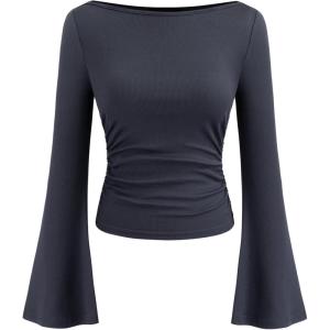 CIDER Boat Neck Solid Ruched Long Sleeve Tee(Grey)