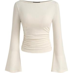 CIDER Boat Neck Solid Ruched Long Sleeve Tee(White)