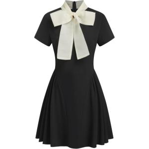 CIDER Bow Tie Neck A Line Mini Short Sleeve Dress Party Dresses(Black)