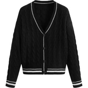 CIDER Cable Knit V-Neck Contrasting Binding Button Oversized Cardigan(Black)