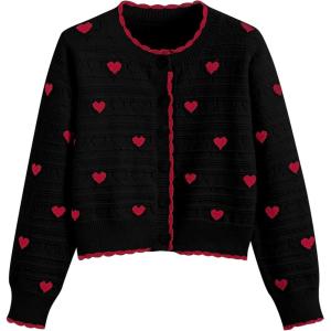 CIDER Cardigan Sweaters for Women Trendy Cute Sweaters Long Sleeve Crew Neck Heart Print Cardigans Spring Fall Outfits(Black)