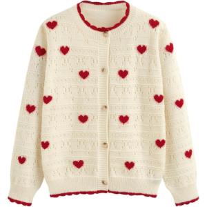 CIDER Cardigan Sweaters for Women Trendy Cute Sweaters Long Sleeve Crew Neck Heart Print Cardigans Spring Fall Outfits(Ivory)