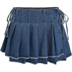 CIDER Denim Washed Raw Hem Pleated Knotted Mini Skirt(Blue)