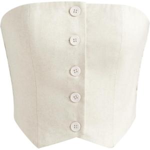 CIDER French Riviera Vacation Linen-Blend Button Tube Crop Top(Beige)